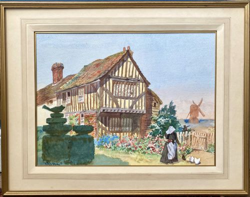 FEEDING THE CHICKEN THE HALF TIMBERED COASTAL HOME CA 1910 WONDERFUL PROVENANCE LARGE AND FRESH WATERCOLOUR ON PAPER - ADDITIONAL PHOTO 1