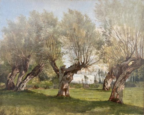 Masterpiece Pollarded Trees on the Country Estate, Ca 1870 Circle of Daubigny  Barbizon Impressionist Oil on Canvas