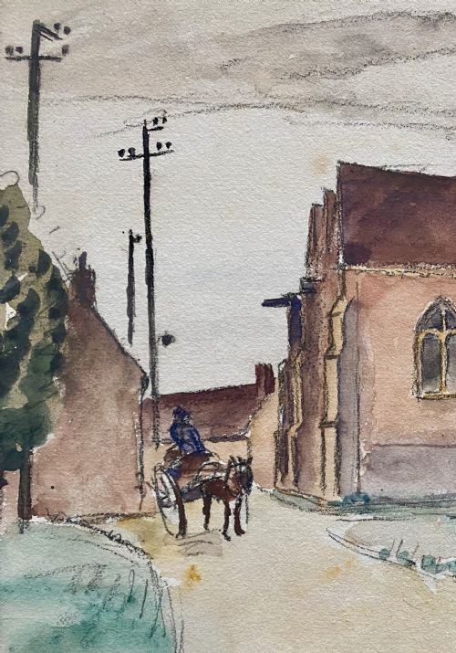 fig 1. An early 20th-century watercolour painting depicting a French village church and rustic buildings in soft brown and green washes with a horse and cart in the foreground.
