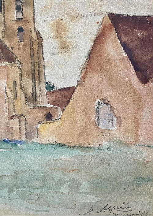 fig 2. An early 20th-century watercolour painting depicting a French village church and rustic buildings in soft brown and green washes with a horse and cart in the foreground.