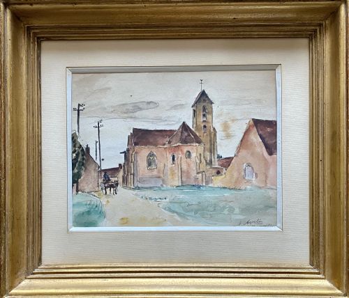 fig 4. An early 20th-century watercolour painting depicting a French village church and rustic buildings in soft brown and green washes with a horse and cart in the foreground.