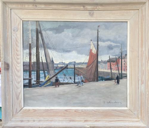 FIGURES ON THE HARBOUR PROMENADE BRITTANY CA 1940 DYNAMIC MODERNIST FRENCH OIL ON CANVAS - ADDITIONAL PHOTO 1