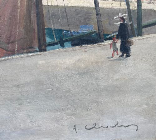 FIGURES ON THE HARBOUR PROMENADE BRITTANY CA 1940 DYNAMIC MODERNIST FRENCH OIL ON CANVAS - ADDITIONAL PHOTO 4