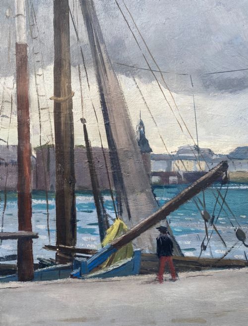 FIGURES ON THE HARBOUR PROMENADE BRITTANY CA 1940 DYNAMIC MODERNIST FRENCH OIL ON CANVAS - ADDITIONAL PHOTO 5