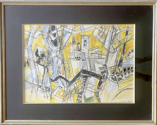 fig 1. Jazzy Town, 1962 Cubist Abstracted Cityscape Saint Paul de Vence Provence French coloured drawing on paper 