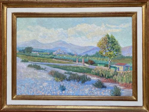 fig 1. Lavender fields ca 1920 luminous pointillist southern French landscape manner of Paul Signac oil on canvas