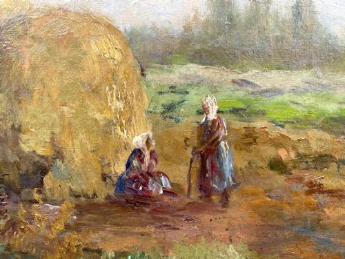 CONVERSATION BY THE HAYSTACKS CA 1920 PASTORAL LANDSCAPE BRITTANY WOMAN ARTIST FRENCH OIL ON CANVAS - ADDITIONAL PHOTO 1