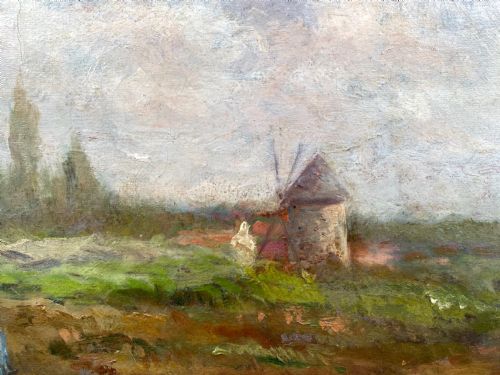 CONVERSATION BY THE HAYSTACKS CA 1920 PASTORAL LANDSCAPE BRITTANY WOMAN ARTIST FRENCH OIL ON CANVAS - ADDITIONAL PHOTO 2