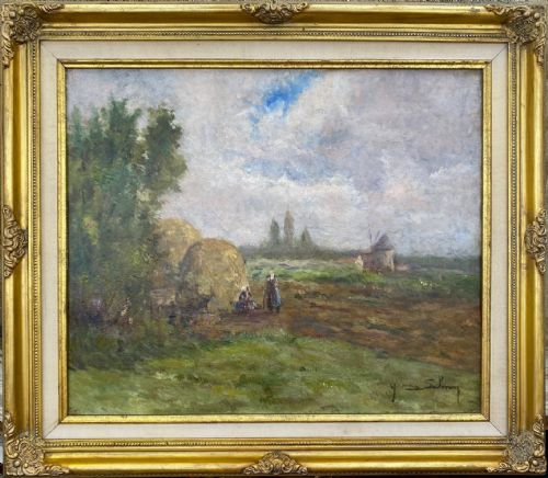 CONVERSATION BY THE HAYSTACKS CA 1920 PASTORAL LANDSCAPE BRITTANY WOMAN ARTIST FRENCH OIL ON CANVAS - ADDITIONAL PHOTO 3