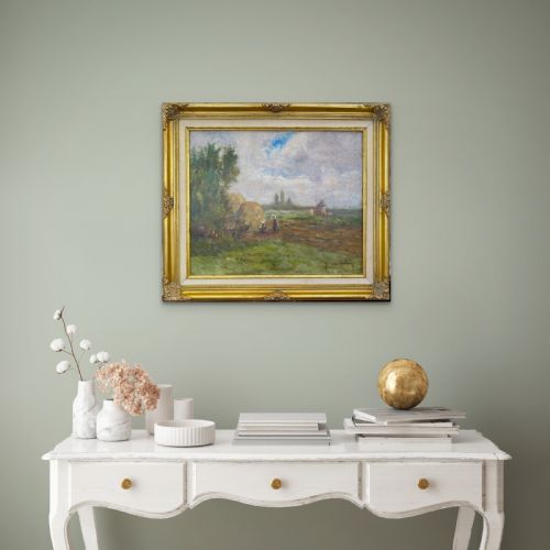CONVERSATION BY THE HAYSTACKS CA 1920 PASTORAL LANDSCAPE BRITTANY WOMAN ARTIST FRENCH OIL ON CANVAS - ADDITIONAL PHOTO 6