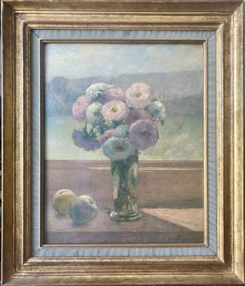 GRACEFUL ELEGANT 1920S MODERNIST FRENCH FLORAL STILL LIFE FLOWERS BY THE WINDOW OIL ON BOARD - ADDITIONAL PHOTO 1