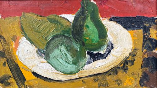 Cubist Modernist Still Life with Pears Ca 1950 Abstracted Mid Century French Oil on Canvas