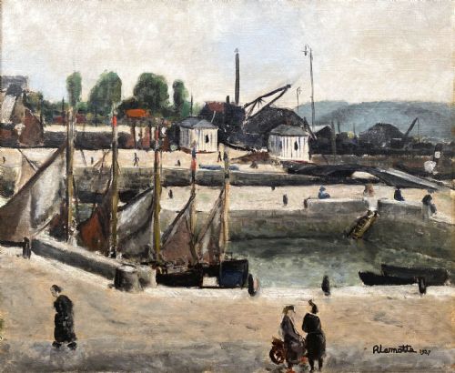 MASTERPIECE FIGURES AT THE HARBOUR 1927 MODERN INDUSTRIAL CITYSCAPE BY SAINT EXUPERY'S FRIEND LAMOTTE FRENCH OIL ON CANVAS