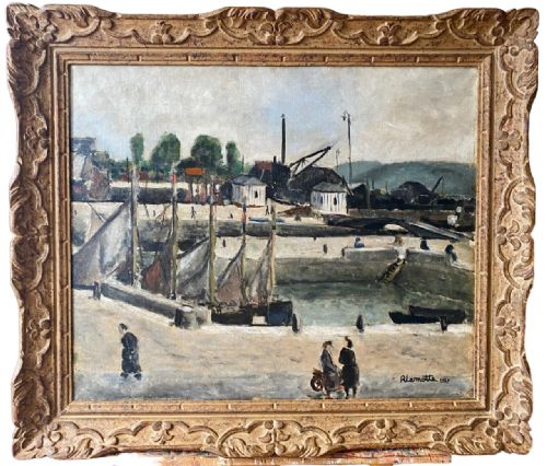 MASTERPIECE FIGURES AT THE HARBOUR 1927 MODERN INDUSTRIAL CITYSCAPE BY SAINT EXUPERY'S FRIEND LAMOTTE FRENCH OIL ON CANVAS - ADDITIONAL PHOTO 1