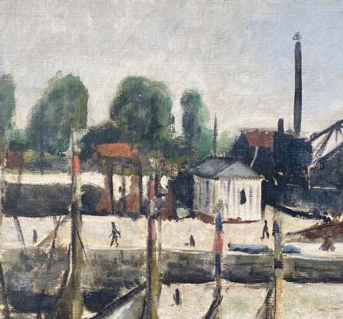 MASTERPIECE FIGURES AT THE HARBOUR 1927 MODERN INDUSTRIAL CITYSCAPE BY SAINT EXUPERY'S FRIEND LAMOTTE FRENCH OIL ON CANVAS - ADDITIONAL PHOTO 2
