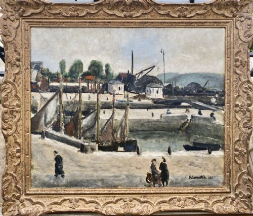 MASTERPIECE FIGURES AT THE HARBOUR 1927 MODERN INDUSTRIAL CITYSCAPE BY SAINT EXUPERY'S FRIEND LAMOTTE FRENCH OIL ON CANVAS - ADDITIONAL PHOTO 3