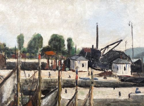 MASTERPIECE FIGURES AT THE HARBOUR 1927 MODERN INDUSTRIAL CITYSCAPE BY SAINT EXUPERY'S FRIEND LAMOTTE FRENCH OIL ON CANVAS - ADDITIONAL PHOTO 5