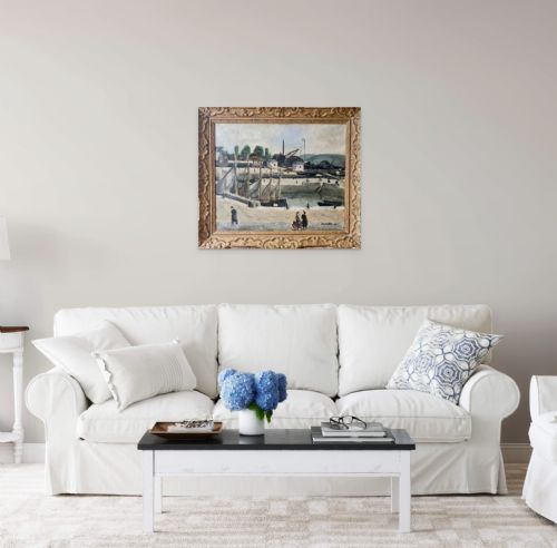 MASTERPIECE FIGURES AT THE HARBOUR 1927 MODERN INDUSTRIAL CITYSCAPE BY SAINT EXUPERY'S FRIEND LAMOTTE FRENCH OIL ON CANVAS - ADDITIONAL PHOTO 6