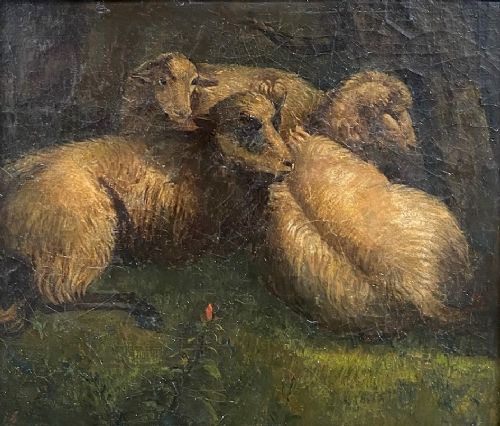 fig 1. Barbizon study of sheep, ca 1870, manner of Charles Jacque French pastoral oil on canvas 