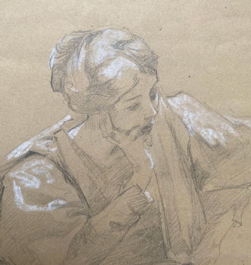 fig 1. An antique French graphite and white chalk drawing on toned beige paper depicting a seated woman leaning her head on her hand in a contemplative pose.