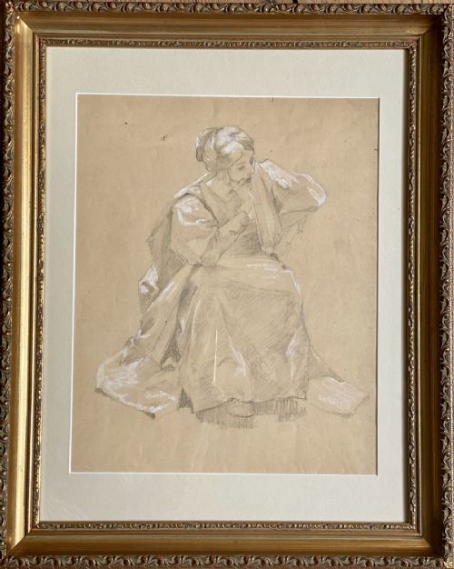 fig 2. An antique French graphite and white chalk drawing on toned beige paper depicting a seated woman leaning her head on her hand in a contemplative pose.
