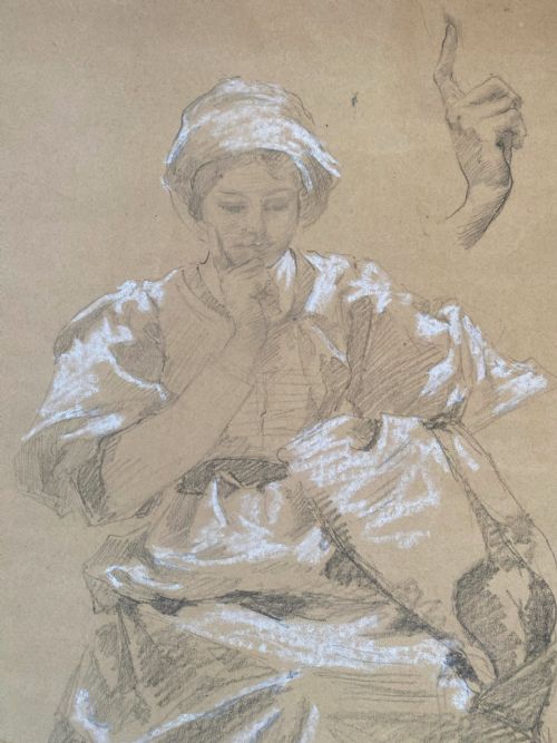 fig 1. A nineteenth-century French graphite sketch on beige paper depicting a seated woman in thought alongside a separate study of an uplifted hand.