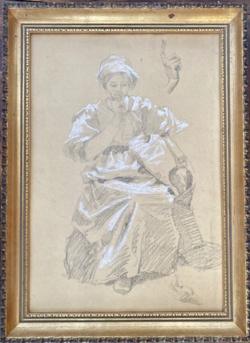 fig 2. A nineteenth-century French graphite sketch on beige paper depicting a seated woman in thought alongside a separate study of an uplifted hand.
