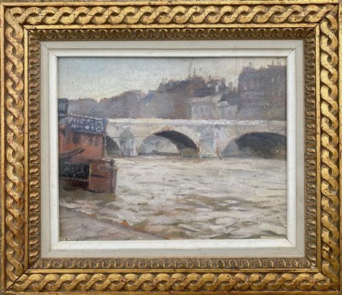 fig 1. Paris ca 1905, the Seine at Dawn, Buildings of the Ile Saint Louis, the Pont Marie, French oil on board