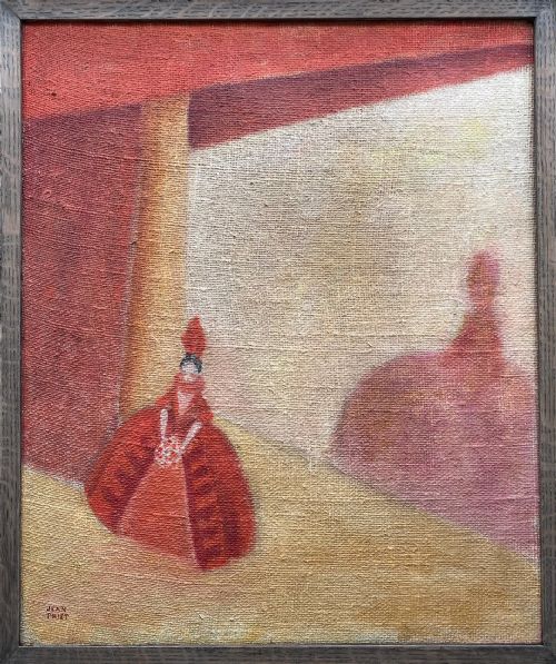 fig 1. The Encore, figure and shadow on stage ca 1925: art deco avant garde modernist Paris theatre oil on jute painting