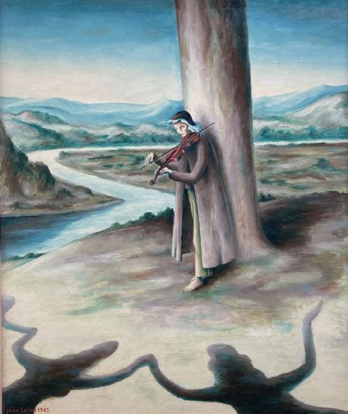 The Fiddler and the Dancing Girls, 1 May 1945:  Surrealist Modernist French Oil on Board