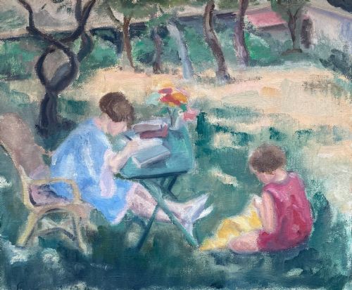 Homework in the Garden, Ca 1930 Woman Artist French Modernist Oil on Canvas