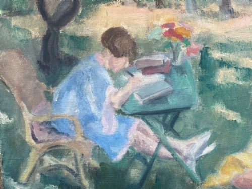 fig 2. Homework in the Garden, ca 1930 Woman Artist French Modernist oil on canvas