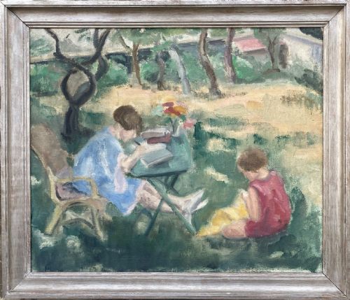 fig 3. Homework in the Garden, ca 1930 Woman Artist French Modernist oil on canvas