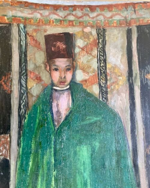 MASTERPIECE DRESSING UP CHILD GOOFING AROUND IN FANCY DRESS CHRISTIAN CAILLARD POETIC REALITY CA 1960 LARGE OIL ON CANVAS - ADDITIONAL PHOTO 1
