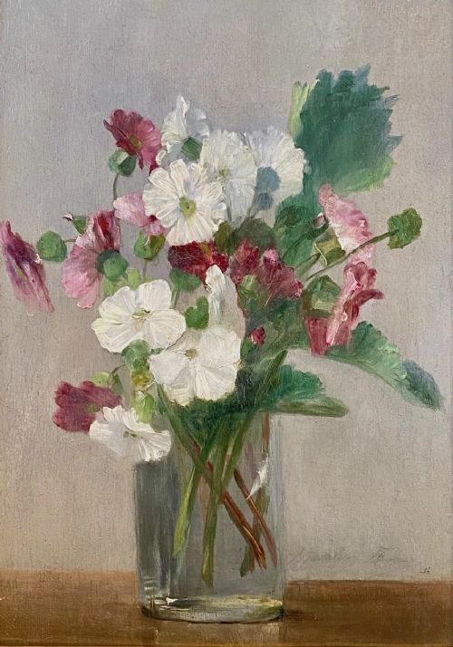Cottage Flowers, delicate Clematis, Mallow: woman artist, ca 1895 floral still life French oil on panel painting