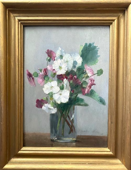 fig 1. Cottage Flowers, delicate Clematis, Mallow: woman artist, ca 1895 floral still life French oil on panel painting