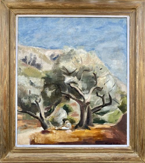 fig 1. Lightly cubist woman reading in the shade of the trees, ca 1940, Provence, the South of France, French woman artist modernist oil on canvas