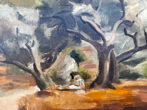 fig 2. Lightly cubist woman reading in the shade of the trees, ca 1940, Provence, the South of France, French woman artist modernist oil on canvas