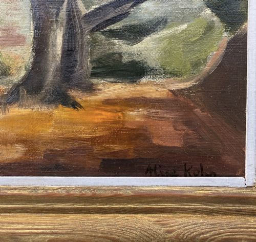 fig 3. Lightly cubist woman reading in the shade of the trees, ca 1940, Provence, the South of France, French woman artist modernist oil on canvas