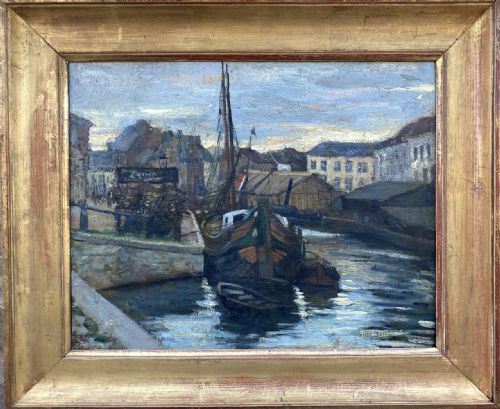 fig 1. An oil painting depicting fishing boats moored along a canal in a harbour town at sunrise under a blue grey sky.