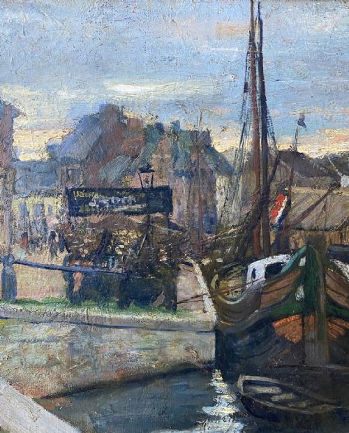 fig 2. An oil painting depicting fishing boats moored along a canal in a harbour town at sunrise under a blue grey sky.