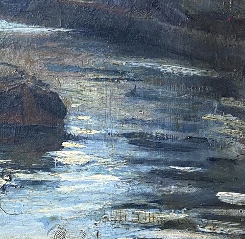 fig 3. An oil painting depicting fishing boats moored along a canal in a harbour town at sunrise under a blue grey sky.