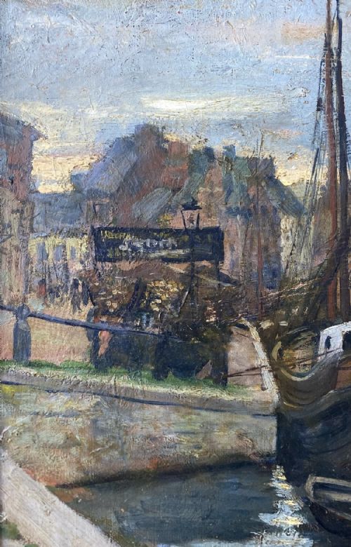 fig 4. An oil painting depicting fishing boats moored along a canal in a harbour town at sunrise under a blue grey sky.