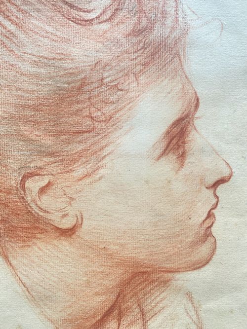 fig 1. The artist's wife, 1888, art nouveau period red chalk drawing of a young woman