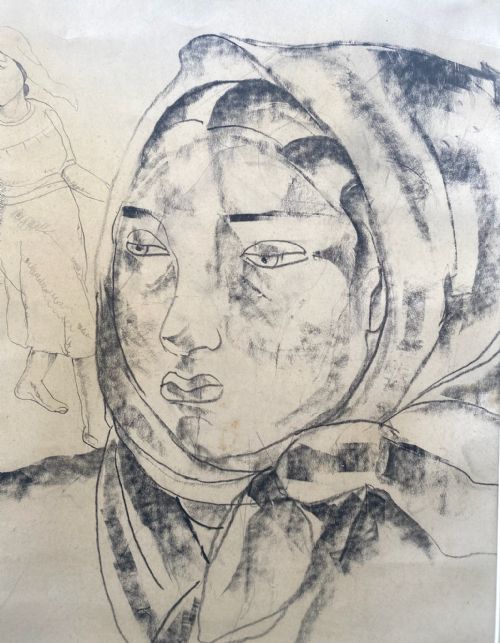 fig 1. A monochrome charcoal portrait sketch depicting a woman wearing a headscarf alongside a smaller full-length figure sketched in the background on off-white paper.