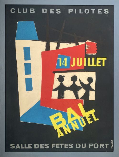 fig 1. A mid-century graphic poster design painted in gouache on paper featuring abstract figures, geometric buildings, and French lettering over a navy blue background.