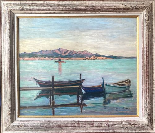 fig 1. An oil painting on a wooden panel depicting small wooden boats moored at a jetty along a calm Mediterranean coastline with mountains in the background.