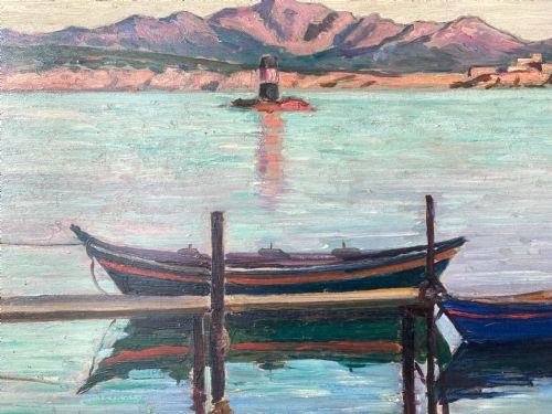 fig 2. An oil painting on a wooden panel depicting small wooden boats moored at a jetty along a calm Mediterranean coastline with mountains in the background.