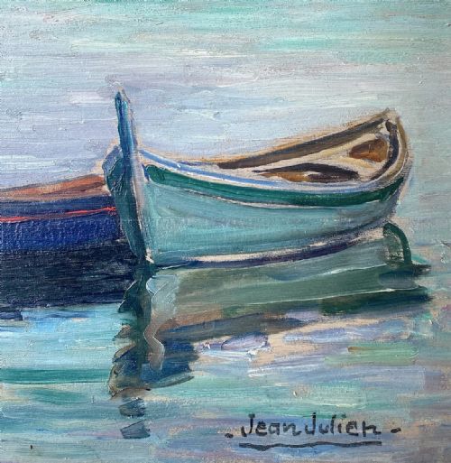 fig 3. An oil painting on a wooden panel depicting small wooden boats moored at a jetty along a calm Mediterranean coastline with mountains in the background.