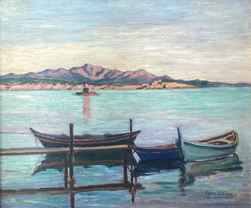 fig 4. An oil painting on a wooden panel depicting small wooden boats moored at a jetty along a calm Mediterranean coastline with mountains in the background.